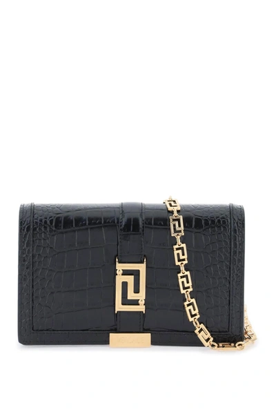 Versace Croco Embossed Leather Greca Goddes Crossbody Bag In Black