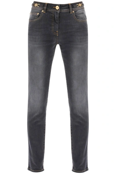 Versace Medusa Head Stonewashed Skinny Jeans In Grey