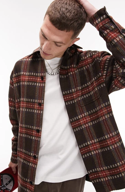 Topman Long Sleeve Regular Plaid Overshirt In Brown