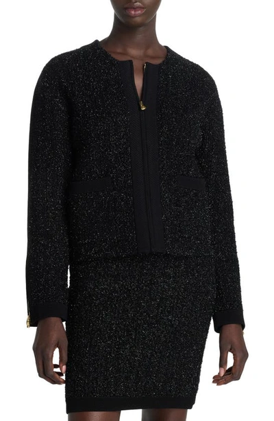 St John Metallic Textured Knit Zip Jacket In Black Multi