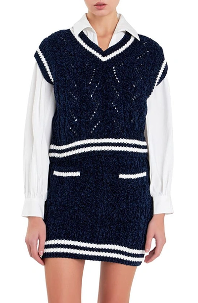 English Factory Stripe Trim Chenille Jumper Waistcoat In Navy,white