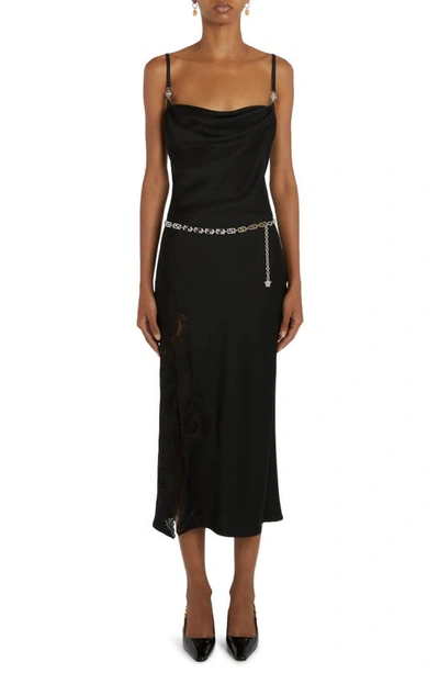 Versace Satin Lace-embroidered Midi Slip Dress In Black