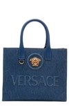 Versace Small La Medusa Denim Tote In Navy/  Gold