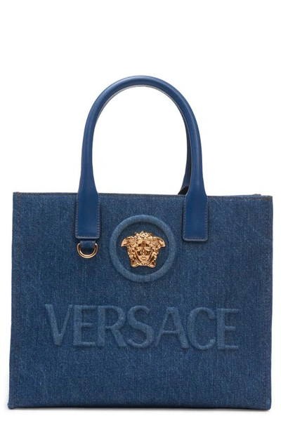 Versace Small La Medusa Denim Tote In Navy/  Gold