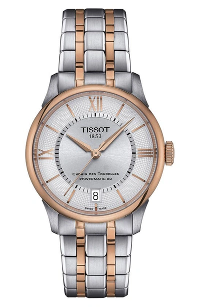 Tissot Chemin Des Tourelles Powermatic 80 Bracelet Watch, 34mm In Silver/rose Gold