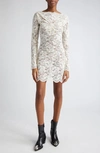 RABANNE RABANNE RUCHED LONG SLEEVE SHEER STRETCH LACE MINIDRESS