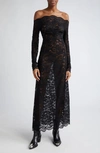 RABANNE OFF THE SHOULDER LONG SLEEVE SHEER STRETCH LACE DRESS