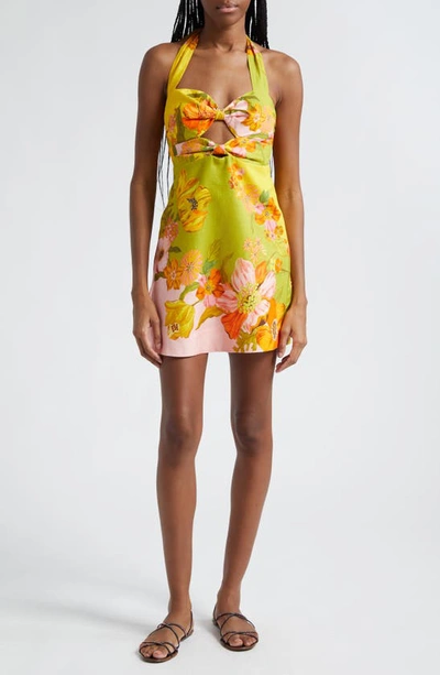 Alemais Silas Floral-print Linen Minidress In Yellow