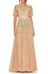 Mac Duggal Embellished Puff Sleeve A-line Gown In Taupe