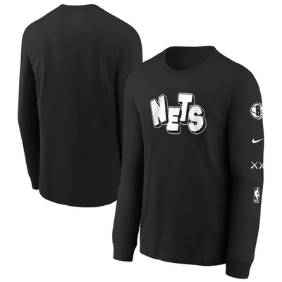 Nike Kids' Big Boys  Black Distressed Brooklyn Nets 2023/24 City Edition Max90 Long Sleeve T-shirt