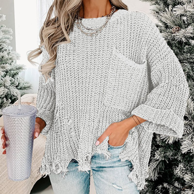 Threaded Pear Alina Ripped Raw Hem Chunky Pullover Sweater In White