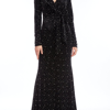 Badgley Mischka Long-sleeved Pearled Velvet Column Gown With Bow In Black