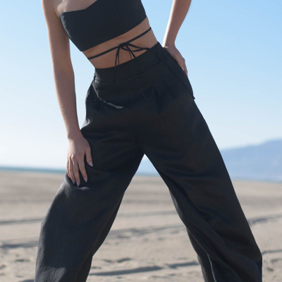 Nearly Natural Mia Linen Twill Pleated Wide-leg Pants In Black