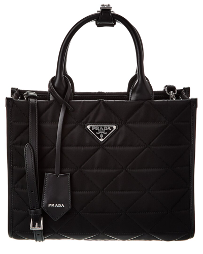 Prada Woman Embroidered Fabric Small Symbole Shopping Bag In Black
