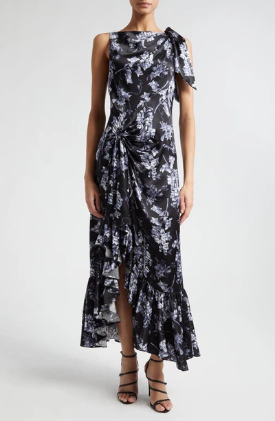 CINQ À SEPT ANWEN FLORAL ASYMMETRIC HEM SILK MAXI DRESS