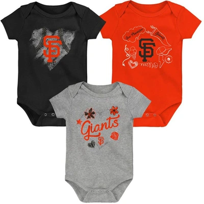 Outerstuff Babies' Girls Newborn & Infant Black/orange/heathered Gray San Francisco Giants 3-pack Batter Up Bodysuit Se In Black,orange,heathered Gray