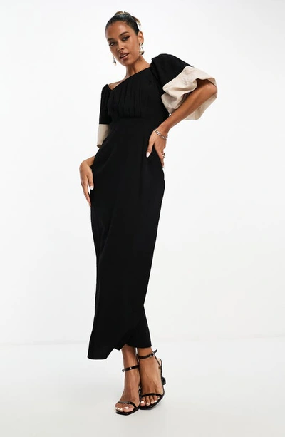 Asos Design Asymmetric Neckline Midi Dress With Contrast Sleeve In Black
