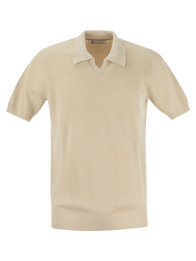 Brunello Cucinelli Cotton Rib Knit Polo Shirt In Oat