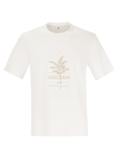 Brunello Cucinelli Men's Cotton Jersey Crew Neck T-shirt With Print In White