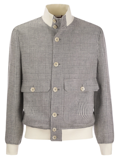 Brunello Cucinelli Linen, Wool And Silk Checked Jacket In Grigio+off White