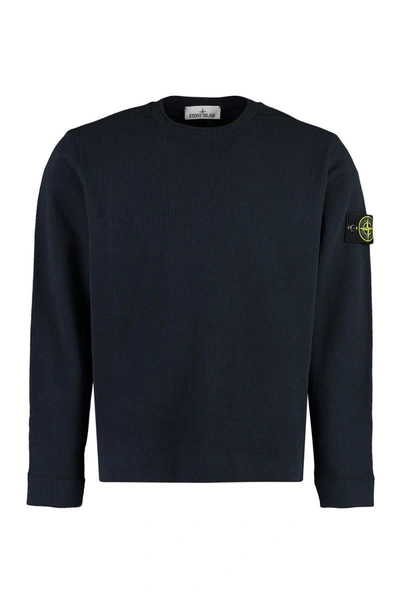 Stone Island Crewneck Sweater Ribbed Cotton In Blue