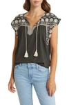 Lucky Brand Embroidered Cotton Blend Peasant Top In Raven
