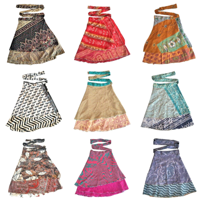 Pre-owned Vintage Indian Handmade 2 Layer Magic Wrap Beach Mini Silk Skirts Bohemian 100 Pcs Maxi In Multicolor