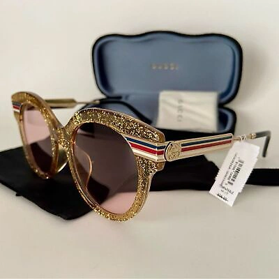 Pre-owned Gucci Authentic  Gold Glitter Gg Logo Sunglasses Strips In Pink