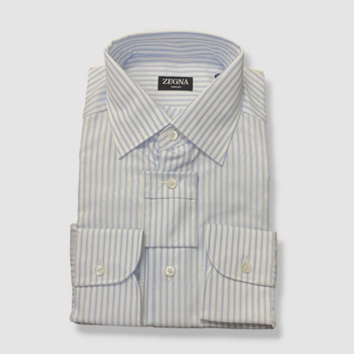 Pre-owned Zegna $645  Men's Blue White Striped Trecapi Dress Shirt Size 15.5 / 39