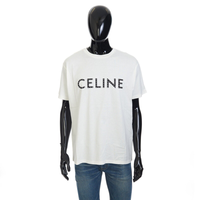 Pre-owned Celine 750$ T-shirt With Rhinestone-studded Logo Print In White Cotton Jersey