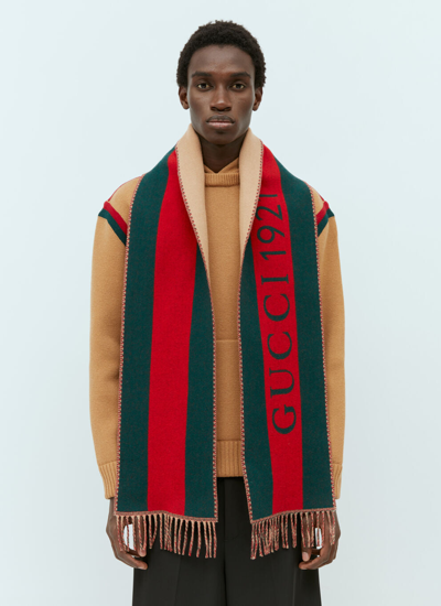 Gucci Men Web Jacquard Wool Scarf In Green