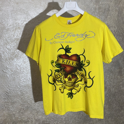 Pre-owned Christian Audigier X Ed Hardy Y2k Ed Hardy Vintage Graphic T Shirt Kills Love Slow Tee In Yellow