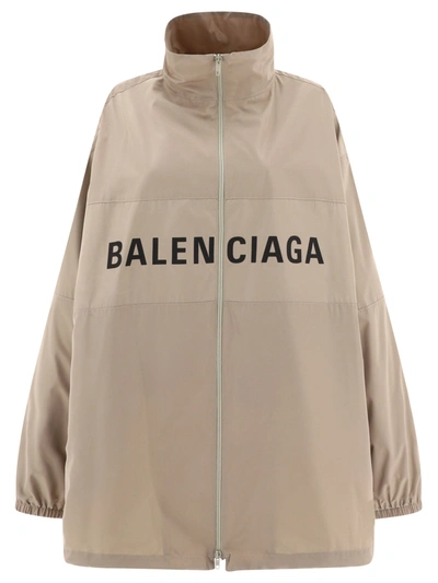 Balenciaga Logo Nylon Zip-up Jacket In Beige