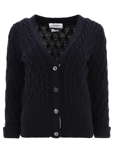 Thom Browne Cable Knit Wool Cardigan In Blue