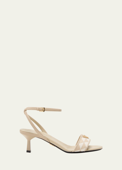 Prada Triangle Jacquard Ankle-strap Sandals In Deserto Bianco
