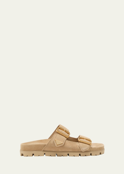 Prada Diagram Double Strap Slide Sandal In Beige