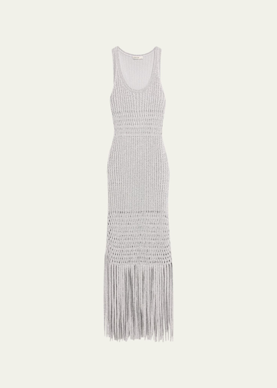 Simkhai Jocelyn Sleeveless Open-knit Fringe Midi Dress In Silver