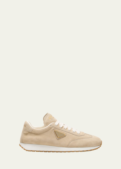 Prada Suede Lace-up Runner Sneakers In Pomice