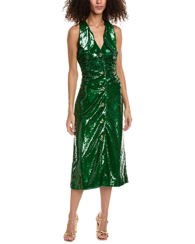 Ganni Sequined Button-front Collared Midi Dress In Green