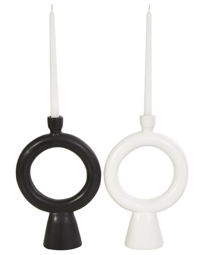 Cosmoliving By Cosmopolitan Set Of 2 Geometric Black Ceramic Ring Candle  Holder With Tapered Base