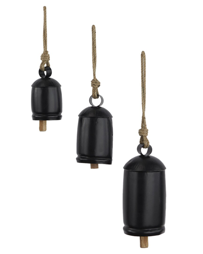 Peyton Lane Set Of 3 Black Metal Tibetan Inspired Decorative Cow Bell With  Jute Hanging Rope