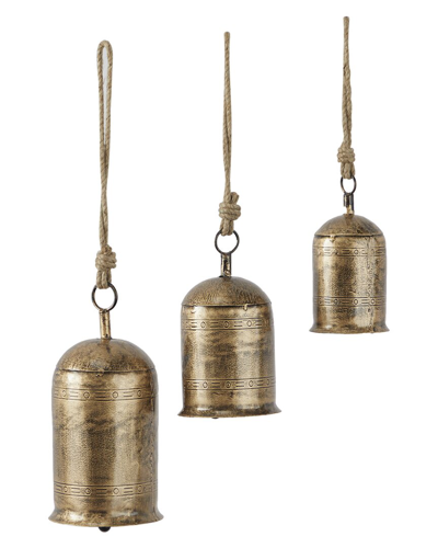 Peyton Lane Set Of 3 Gold Metal Tibetan Inspired Decorative Cow Bell With Jute  Hanging Rope