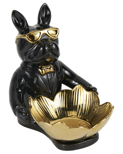 Peyton Lane Bulldog Black Ceramic Sculpture With Gold Accents