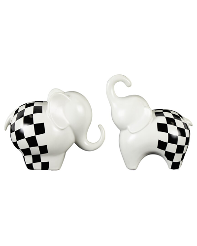 Peyton Lane Set Of 2 Elephant White Ceramic Small Sculpture With Checkered  Pattern