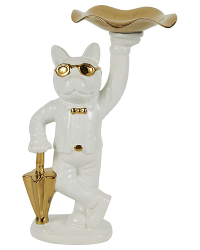 Peyton Lane Bulldog White Ceramic Sculpture With Gold Accents