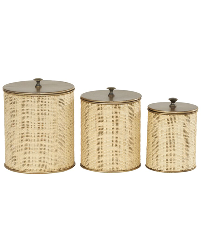 Peyton Lane Set Of 3 Beige Paper Handmade Woven Decorative Jars With Bronze  Metal Lids