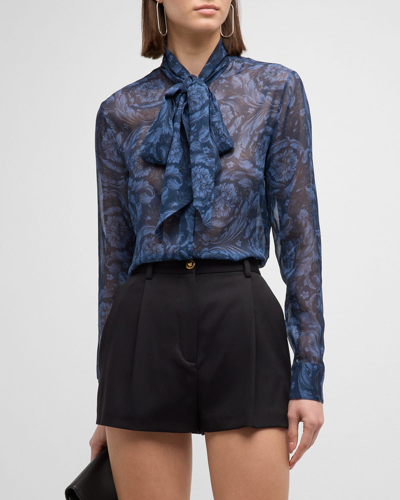 Versace Baroque-print Neck-tie Silk Georgette Informal Shirt In Navy Blue