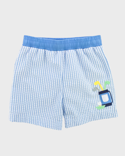 Florence Eiseman Kids' Boy's Seersucker Trunks W/ Golf Bag In Blue/white