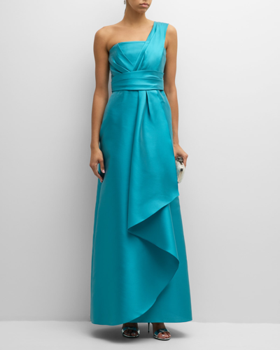 Alberta Ferretti One-shoulder Draped A-line Gown In Blue