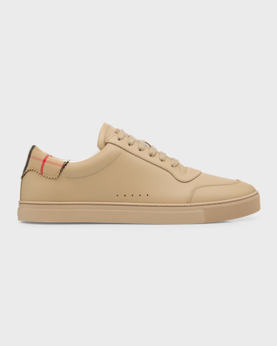 BURBERRY MEN'S LEATHER AND CHECK COTTON LOW-TOP SNEAKERS